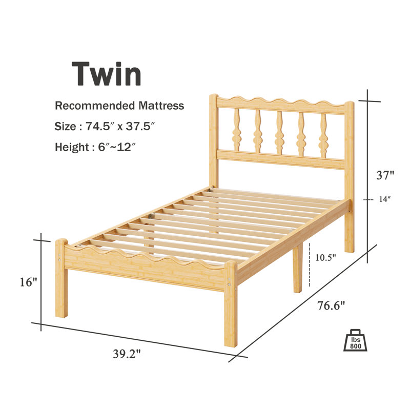 Base de lit plateforme en bois massif de bambou 12 po avec tête de lit ondulée, lattes en métal, aucun sommier requis, 12"