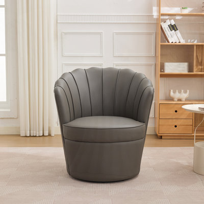  Genuine Leather Accent Swivel Barrel Chair – 360° Spin Metal Base