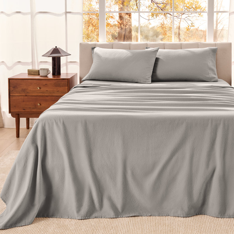 Organic 100% Cotton Flannel Sheet Set, Full Sheet Set with 2 Pillowcases, Light Gray