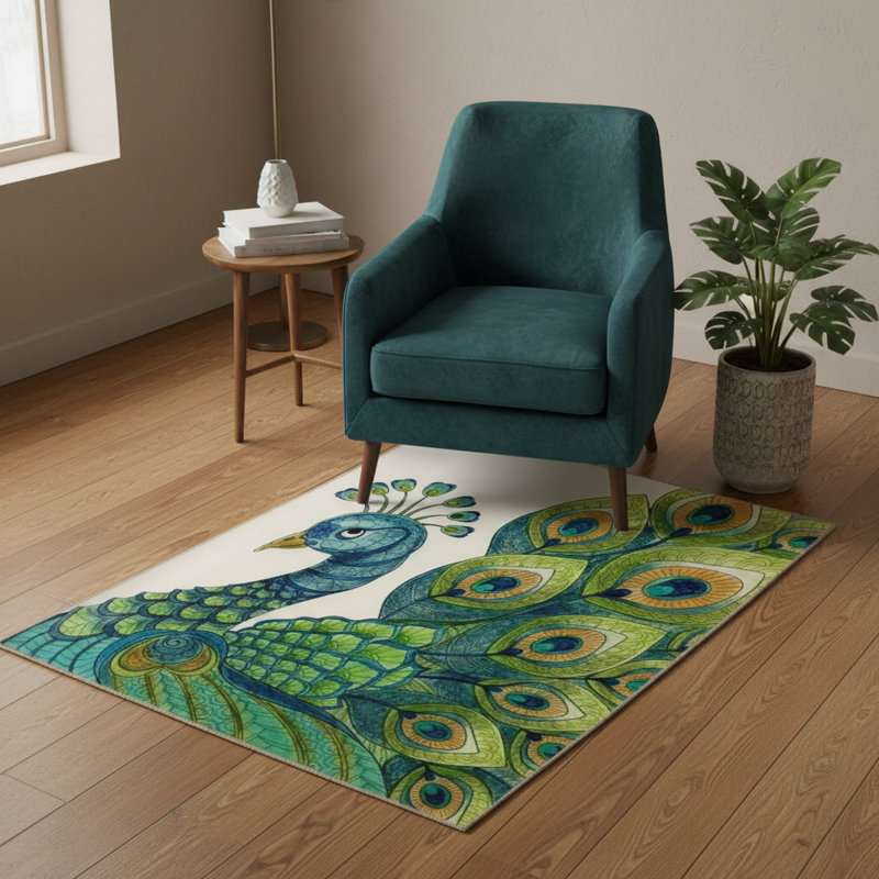 Peacock Animal Patterned Colorful Decorative Carpet, Round 5'