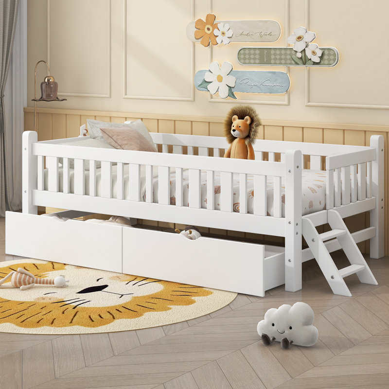  Lit plateforme simple en bois avec garde-corps et 2 tiroirs de rangement, blanc, Blanc