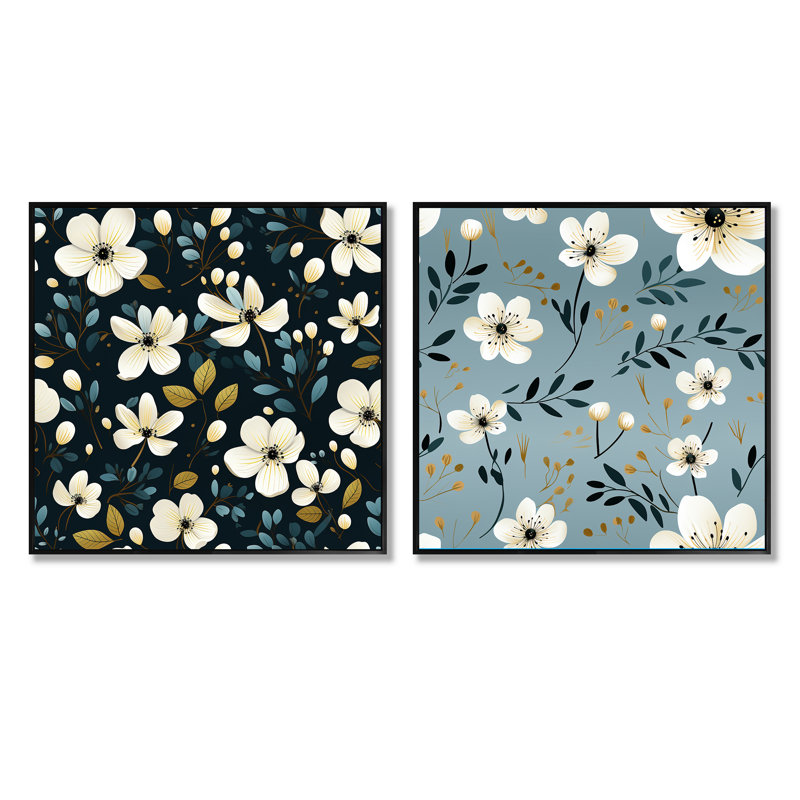 Ensemble de 2 motifs floraux Jeremie, Cadre flottant noir, H 36 po x l 73 po