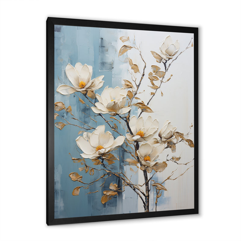 «White and Gold Magnolia Petal Serenity» sur impression sur toile, Cadre simple noir, H 32 po x l 16 po x P 1 po