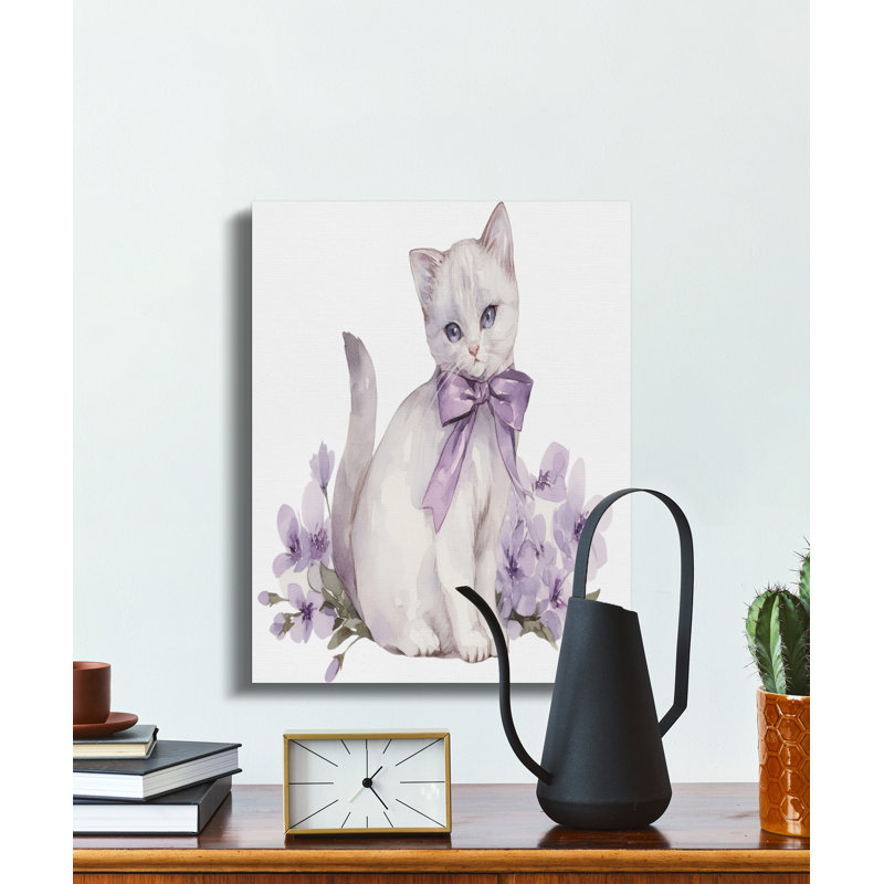 Adorable Watercolor Kitten Purple Floral Canvas Art, 24x32