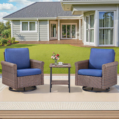 Ensemble de meubles d'extérieur 3 pièces, chaise berçante pivotante pour l'extérieur, ensemble bistro de patio en osier avec tablette latérale pour terrasse, bleu