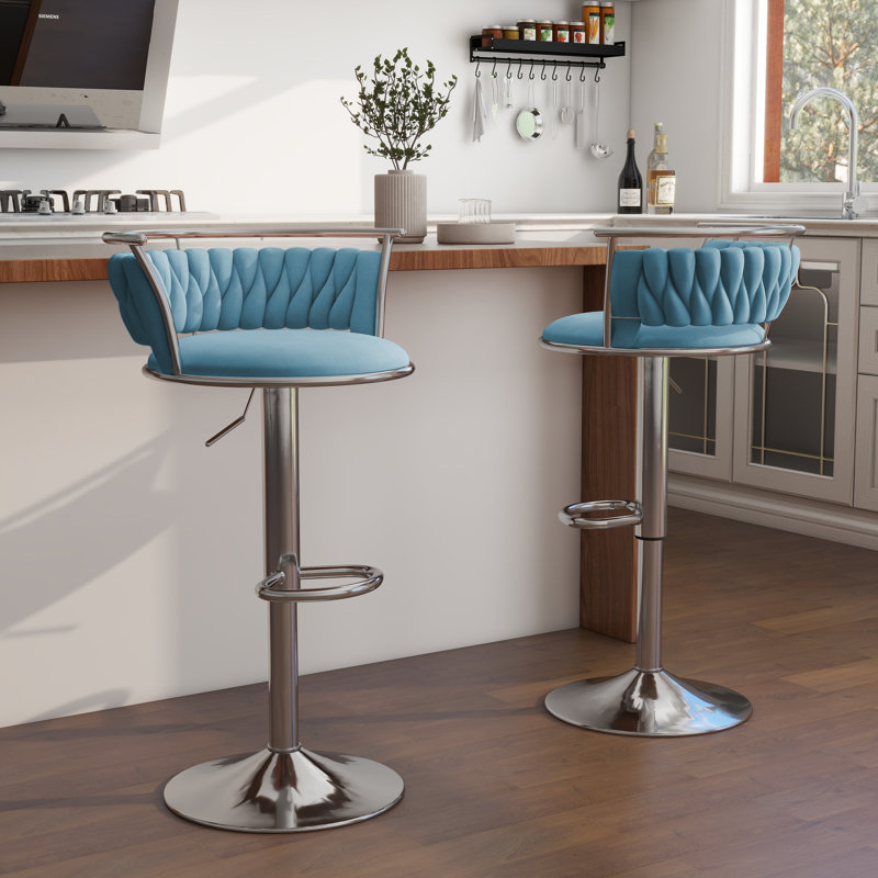 Christal Swivel Upholstered Adjustable Height Counter Stool, Blue, Silver