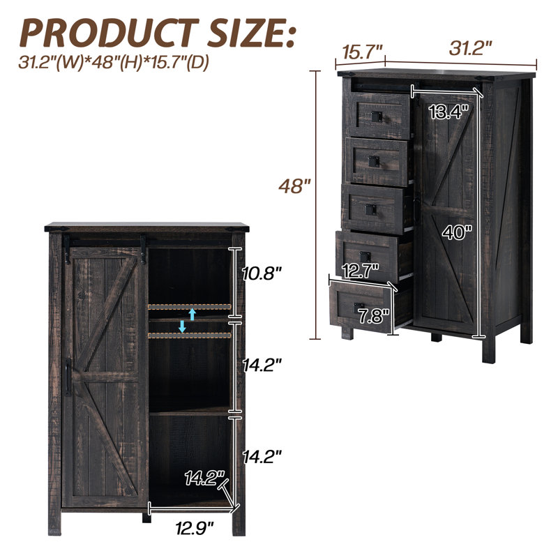 48" Tall Farmhouse 5 Drawers Dressers, Black, Black