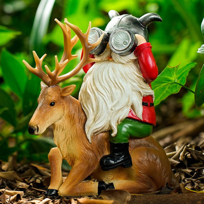Garden Gnome Statues Resin Gnome Sitting on Deer Statues Solar Lights