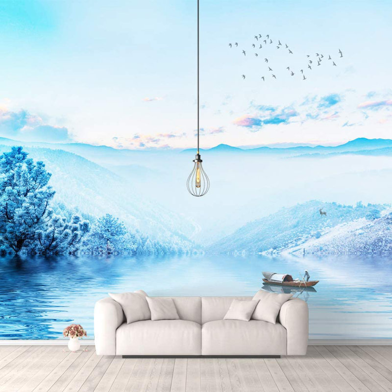 Adhésif mural bateau sur la rivière, L 100 po x L 12 pi