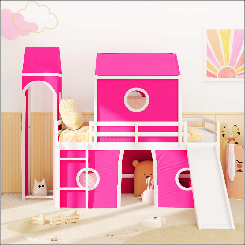 Lit mezzanine simple avec tente et tour rose Slide