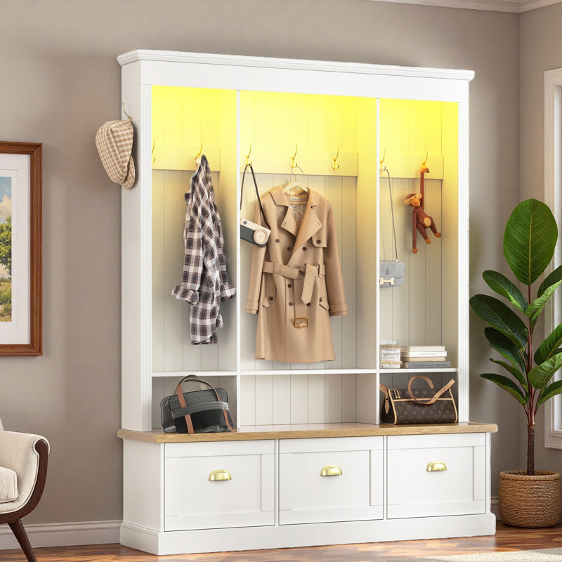 Elegant Hall Tree With App Controlled Led Light, 9 Hooks, Storage Bench, 3 Large Cabinets And Open Shelves, White