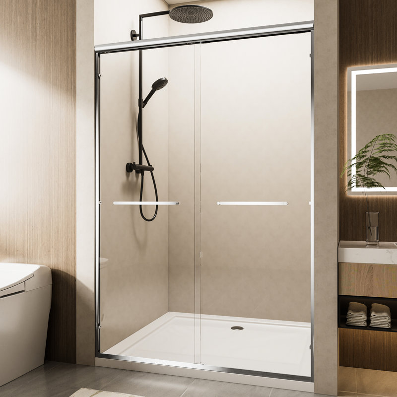 Aluminum Double Sliding Shower Door With 6mm Nano - Coated Tempered Glass, Dual Stainless Steel Handles, Waterproof And For Bathroom Frame 1/4" Design Easy To Install In