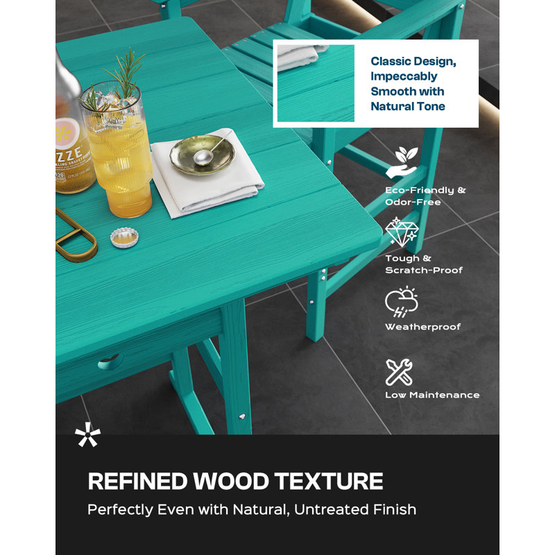Bar Height Outdoor Table and Chairs Set, HDPE Wood Grain Patio Bar Table and Chairs with Heart Cutout Design, Blue