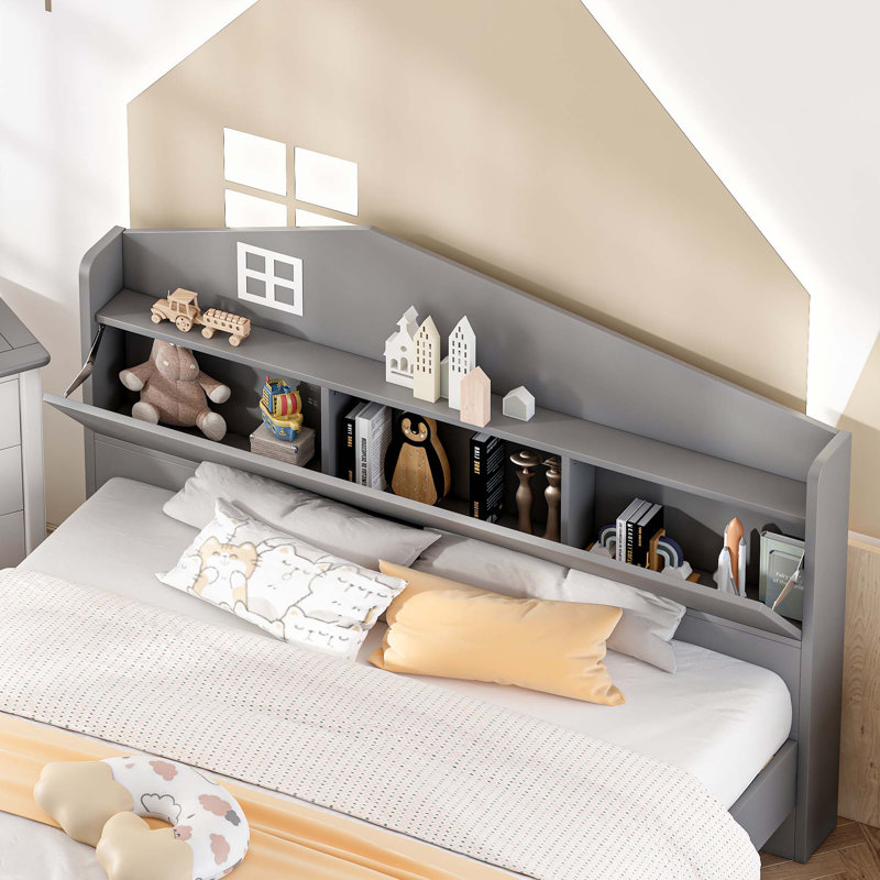 Lit en bois avec tête de lit Sherrell, Double, Gris