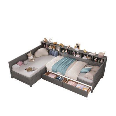 Grey Wooden L-Shape Twin Size Day Bed For 2, With 3 Storage Drawers, Bookshelf & Corner Design, Suitable For Bedroom & Living Room