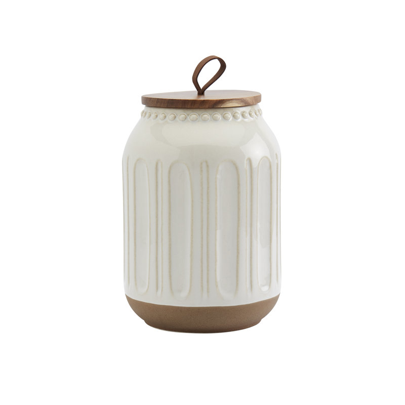 Embossed White Ceramic Canister Set with Acacia Wood Lids, 3 Piece