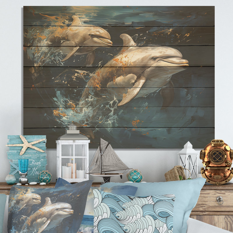 Blue Dancing Dolphines II - Animaux dauphin sur bois, H 30 po x l 40 po x P 0,78 po