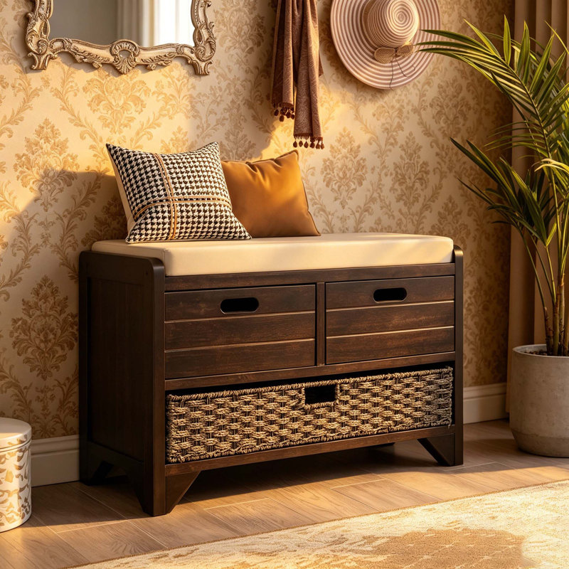 Banc de rangement avec panier amovible et 2 tiroirs, banc à chaussures entièrement assemblé avec coussin amovible, Espresso