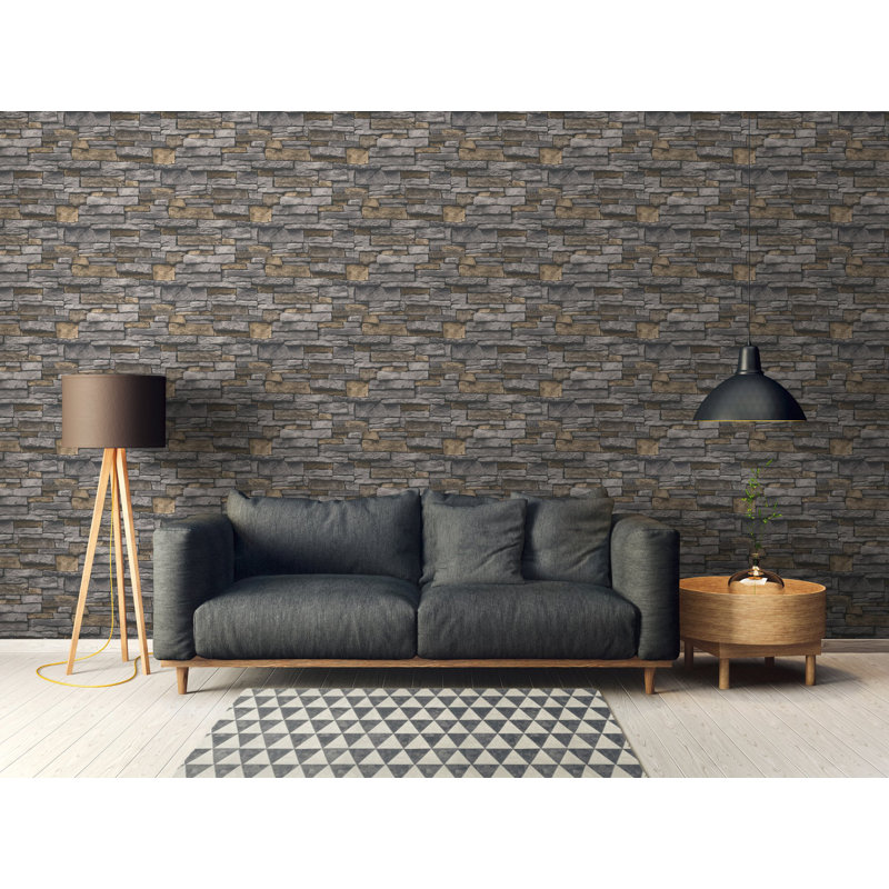 Bricks and More Collection Black Sandstone Splendour Wallpaper Roll, Gray/Yellow