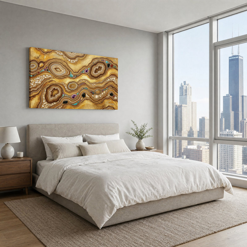 Tableau sur toile « Géode dorée multicouche avec pierres turquoise », 46“W x 24”H