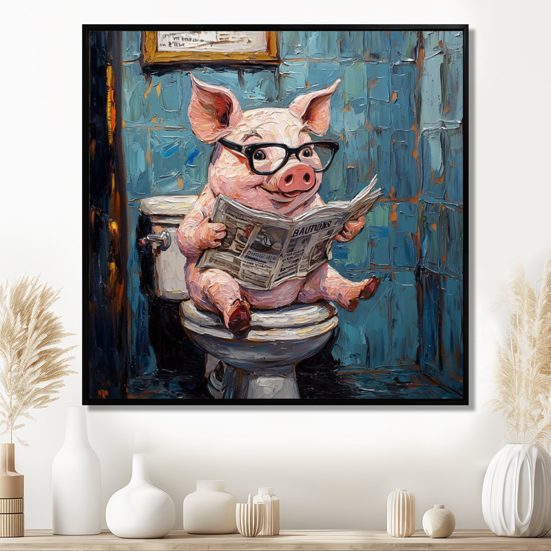 Toile de cochon Keonda, lecture du journal I - art mural sur toile cochon, H 16 po x l 16 po, Impression encadrée flottante