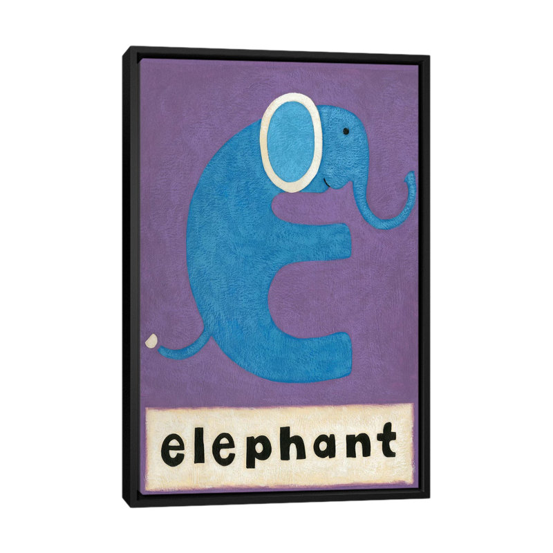 «E is for Elephant», impression sur toile tendue, H 26 po x l 18 po x P 1,5 po, Toile avec cadre noir, Pas de tapis