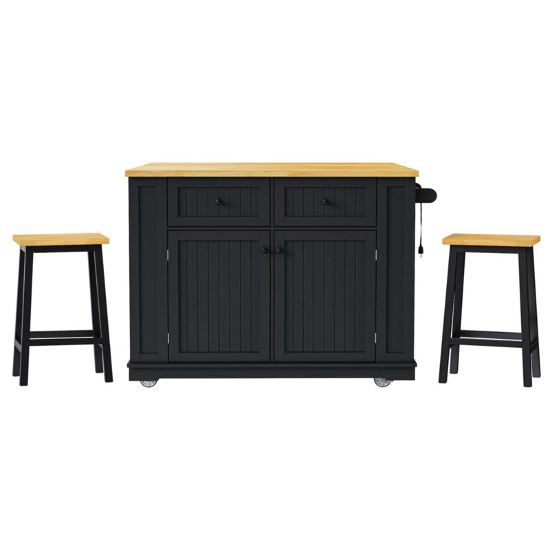48Inch Kitchen Island With 2 Bar Stools, Black