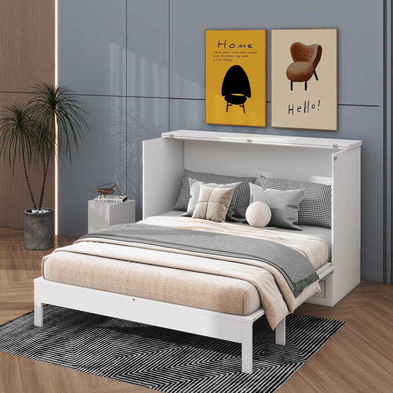 Functional Murphy Bed With Concealed Built-In Storage Drawer, Full, White