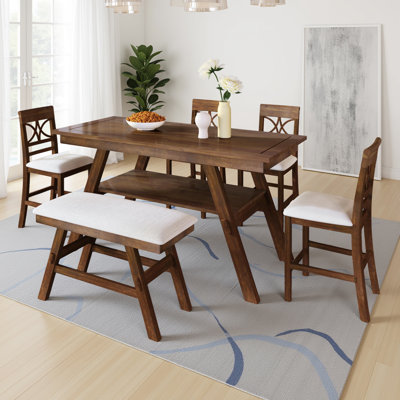 Mid-Century Modern 5-Piece Round Dining Set, Brown Table with Grey Upholstered Chairs, Solid Wood Construction for Small Spaces