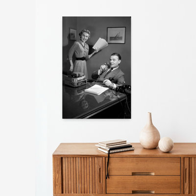 1950S Smiling Woman Secretary Holding Paper Work Watching Business Man Boss At Desk Speaking Into Electronic Dictation Machine Contemporary Wall Art