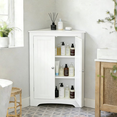 White Freestanding Corner Storage Cabinet With 2 Doors Adjustable Shelves For Bathroom Kitchen Living Room Bedroom Home Organizer