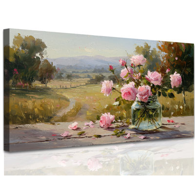  Flower Canvas Wall Art Rustic Elegance, Vintage Botanical Prints Country Floral Painting, Serene Ambiance Pink Flower Artwork Decor Framed for Bathroom Bedroom Living Room, 12x24 inches