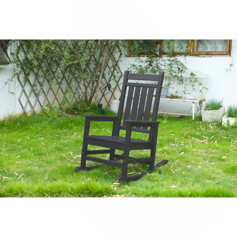 Oversized Rocking Chair with Wood-Texture, Outdoor Rocking Chair for Adults, All Weather Resistant Porch Rocker for Lawn Garden, Black