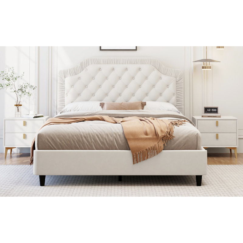 Grand lit avec revêtement en velours, tête de lit et capitonnage à boutons, sans sommier, bois massif, capacité de poids de 600 lb en blanc