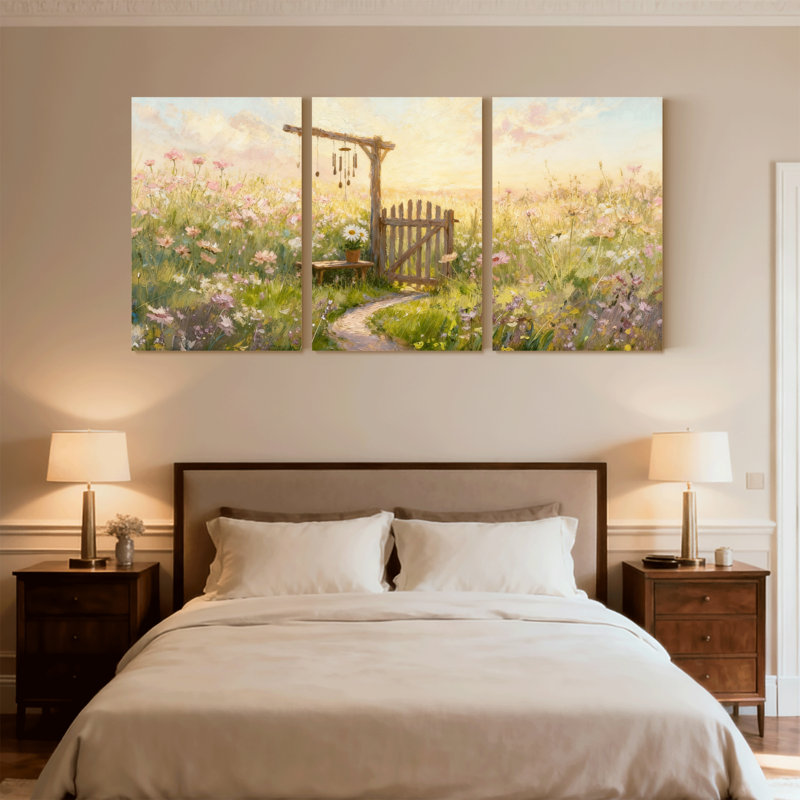 Ensemble de 3 reproductions d'art sur toile avec sentier de jardin pastel avec barrière en bois, H 18 po x l 36 po