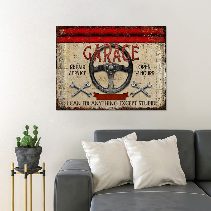 Garage On Volant And Wrenches - Garage Repair Service Open 24 Hours I Can Fix Anything Except Stupid - 1 Piece Rectangle Graphic Art Print On Wrapped Canvas