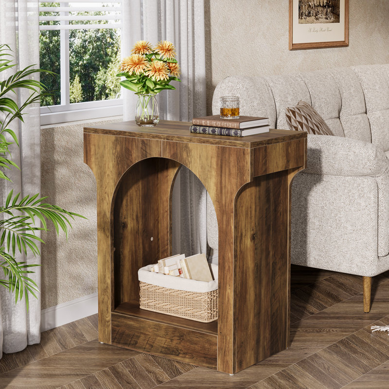 2 Tier Wood End Side Table Set With Innovative Arched Design, Brown