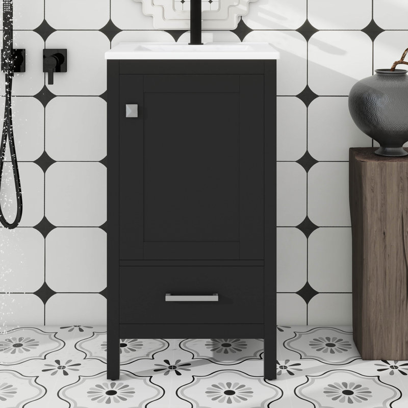 Meuble-lavabo de 18 po avec lavabo, ensemble de meuble-lavabo simple autoportant avec un tiroir et une tablette de porte, armoire de rangement avec lavabo en céramique pour la salle de bain