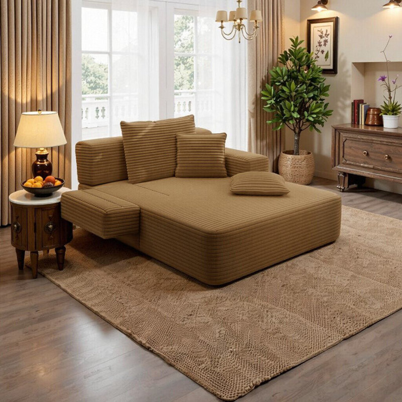 Chaise longue convertible Resta en velours côtelé duveteux avec poches de rangement et 3 coussins, Chameau