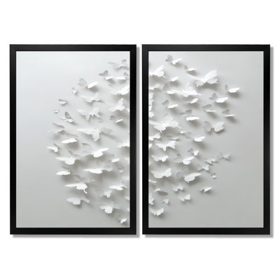 Summer White Butterflies In The Sky - Abstract Collages Wall Art, White Contemporary Canvas Print 2 Piece