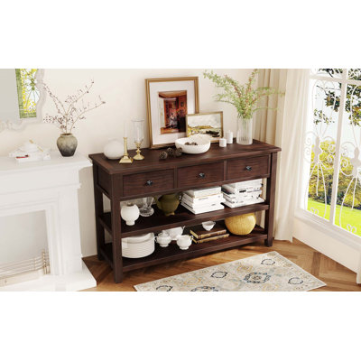 Console rétro avec deux tablettes ouvertes, structure et pieds en bois de pin massif