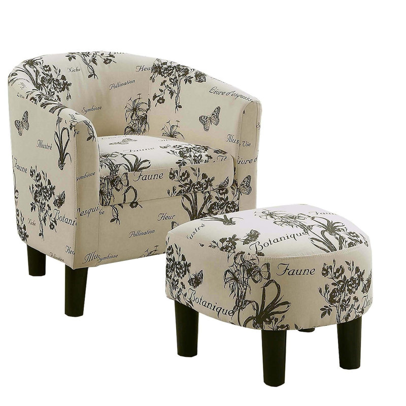 Vintage Design-Inspired White Accent Chair W Ottoman Fabric Upholstered Round Backrest Compact Chair