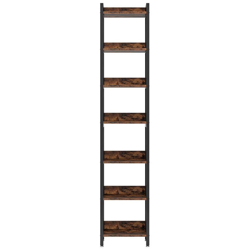 Étagère d'angle étroite à 7 niveaux, extra haute (78,7 po), couleur brun rustique, avec présentoir intégré.