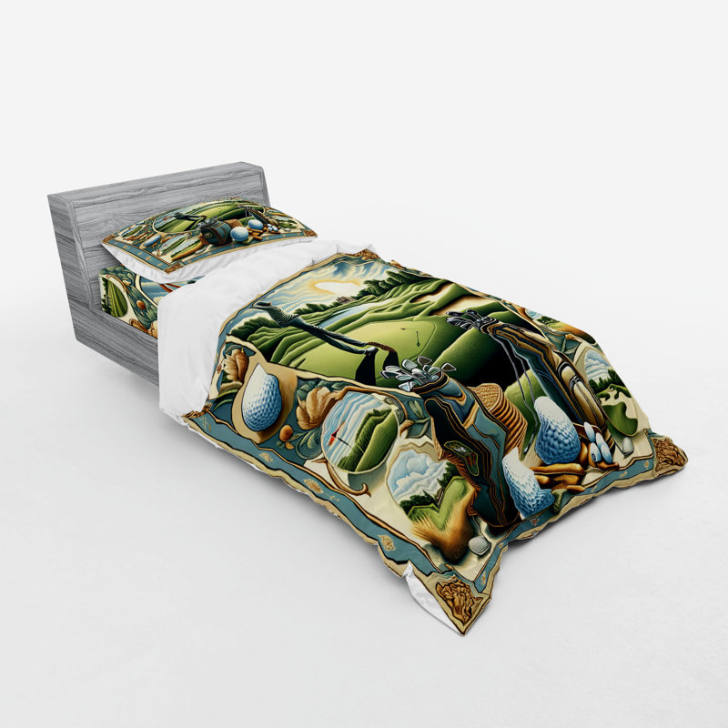 Ensemble de literie à thème de golf Ambesonne et fougère vert bleu et moutarde