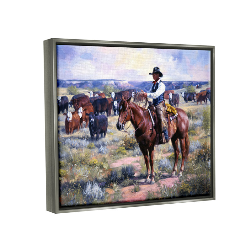 Cowboy Herding, H 25 po x l 31 po x P 1,7 po, Cadre flottant gris lustré