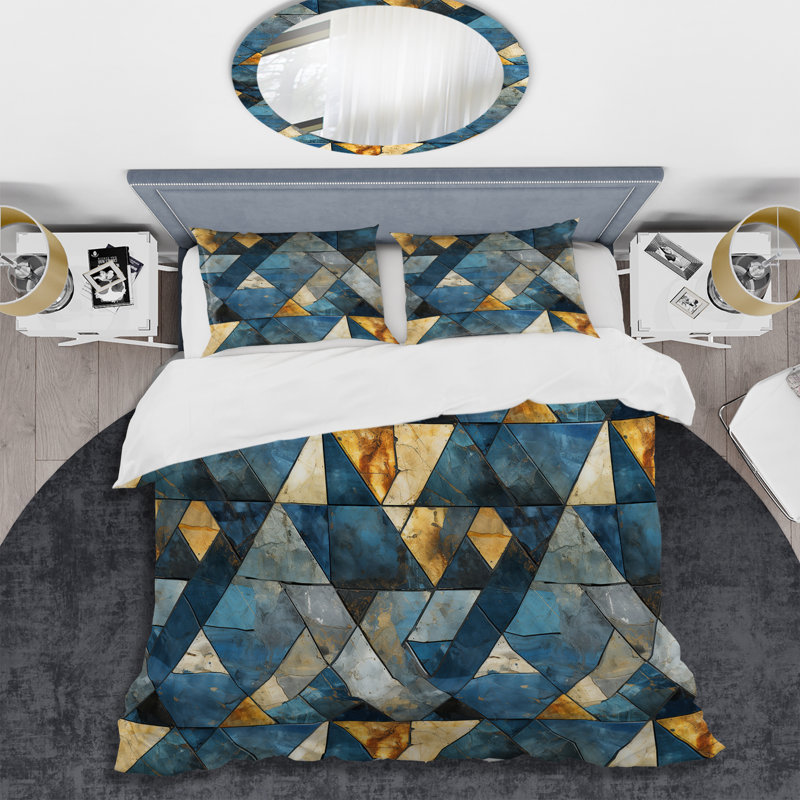 Ensemble de housse de couette Rustic Cobalt Triangle Symphony II, Housse de couette pour grand lit et 2 taies décor