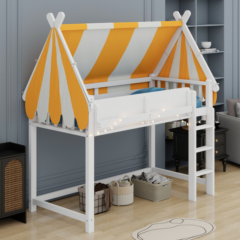 Loft Bed Featuring Canopy, LED Lights, And Book Shelf, White