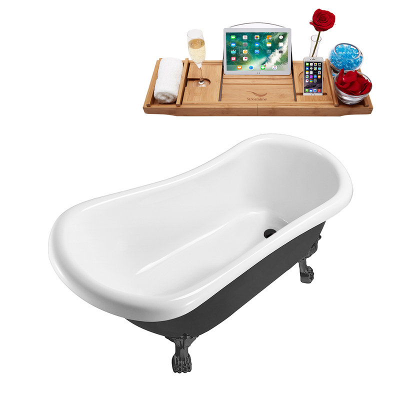 1549.4mm x 701mm Freestanding Soaking Acrylic Bathtub, Matte Black, Polished Chrome