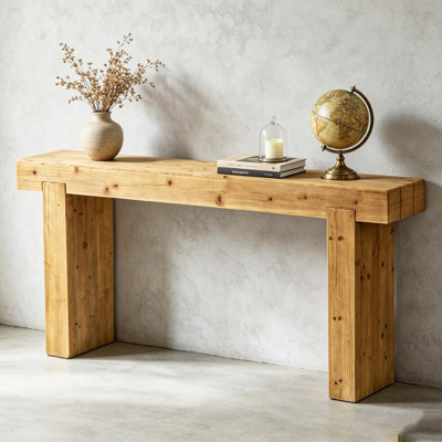Rustic Chunky Solid Wood Console Table, Narrow Rectangular Farmhouse Entryway Sofa Table with Thick Block Legs for Hallway & Living Room