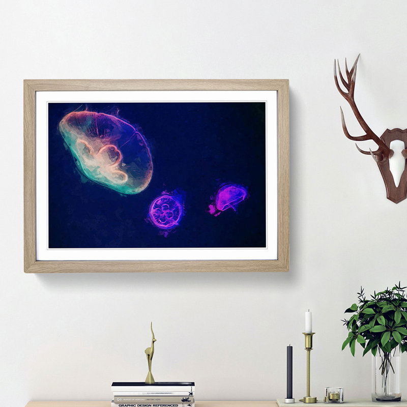 Neon Jellyfish in Abstract - Framed Print, 27cm H x 36cm W x 2cm D, Oak Framed